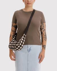 BAGGU- Small Nylon Crescent Bag - Blurred Gingham Brown